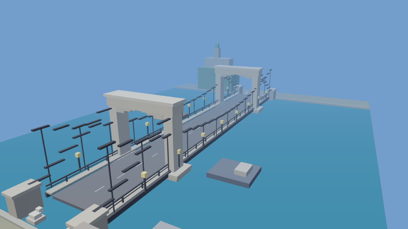 A low-poly 3D scene of a bridge with towers and lamp posts over water, rendered by Triga