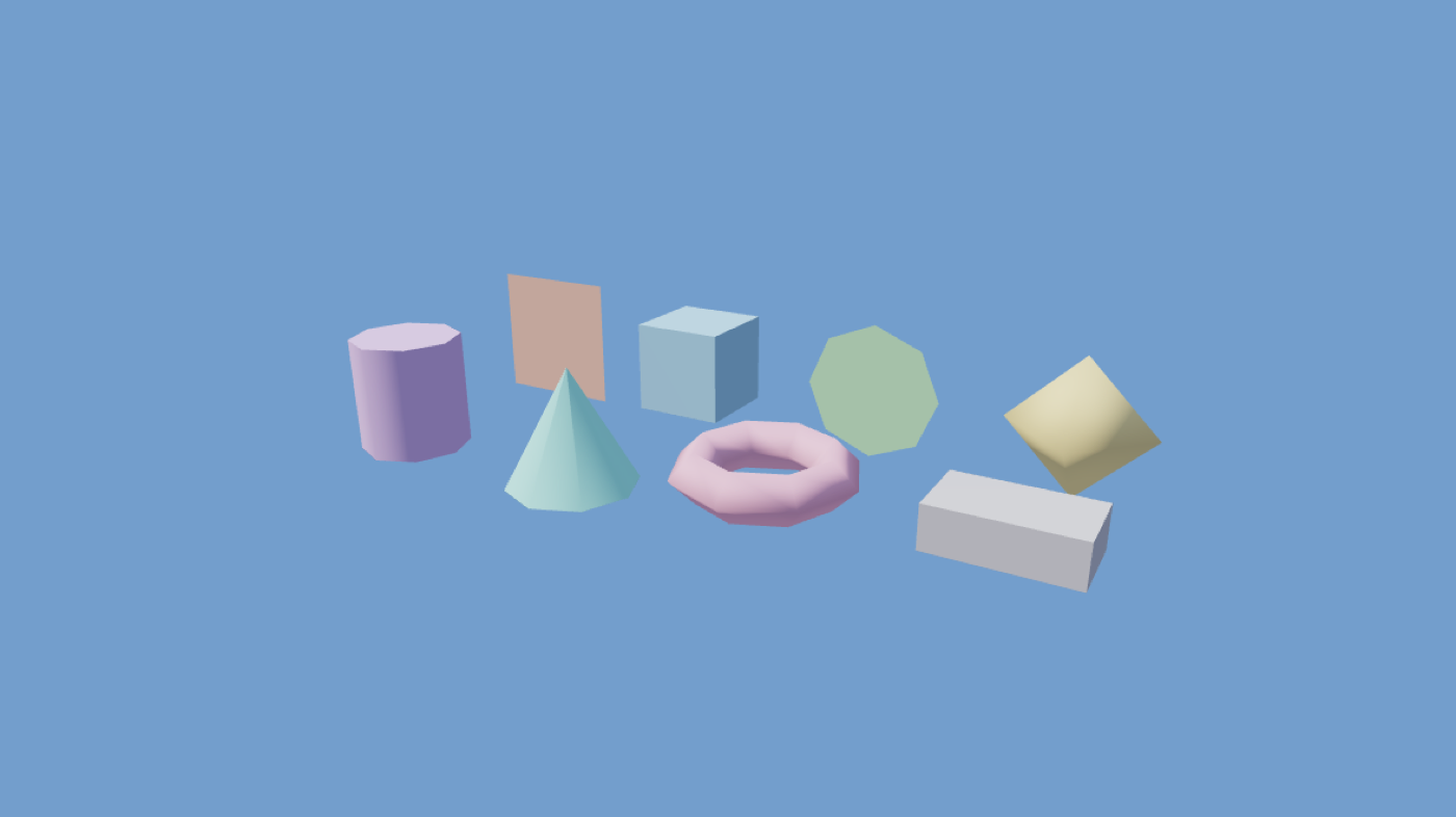 Eight primitive 3D shapes — cylinder, cone, cube, torus, plane and others — rendered by Triga