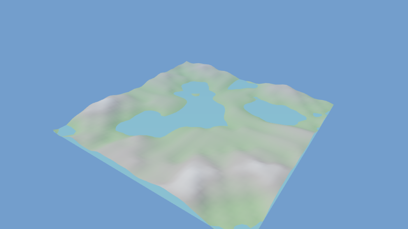 A procedurally generated 3D terrain with lakes and hills, rendered by Triga